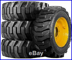 4 New 10x16.5 10-Ply Skid Steer Tires withRim Guard on New Holland Yellow Wheels
