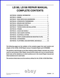 New Holland LS180, LS190 Skid Steer Loader Service Manual Repair Shop Book